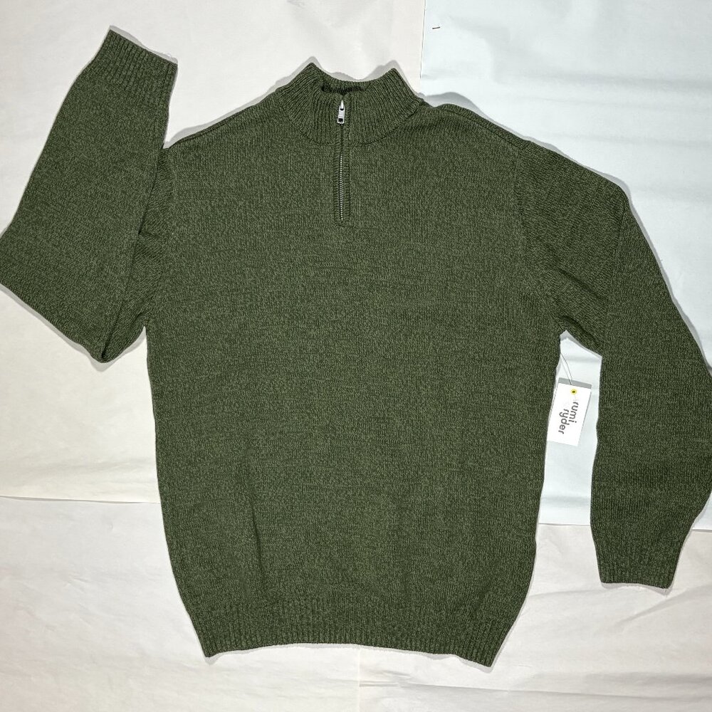 NEW RUMI & RYDER Classic Quarter Zip Mock Neck Sweater Olive Green Boys Size XL